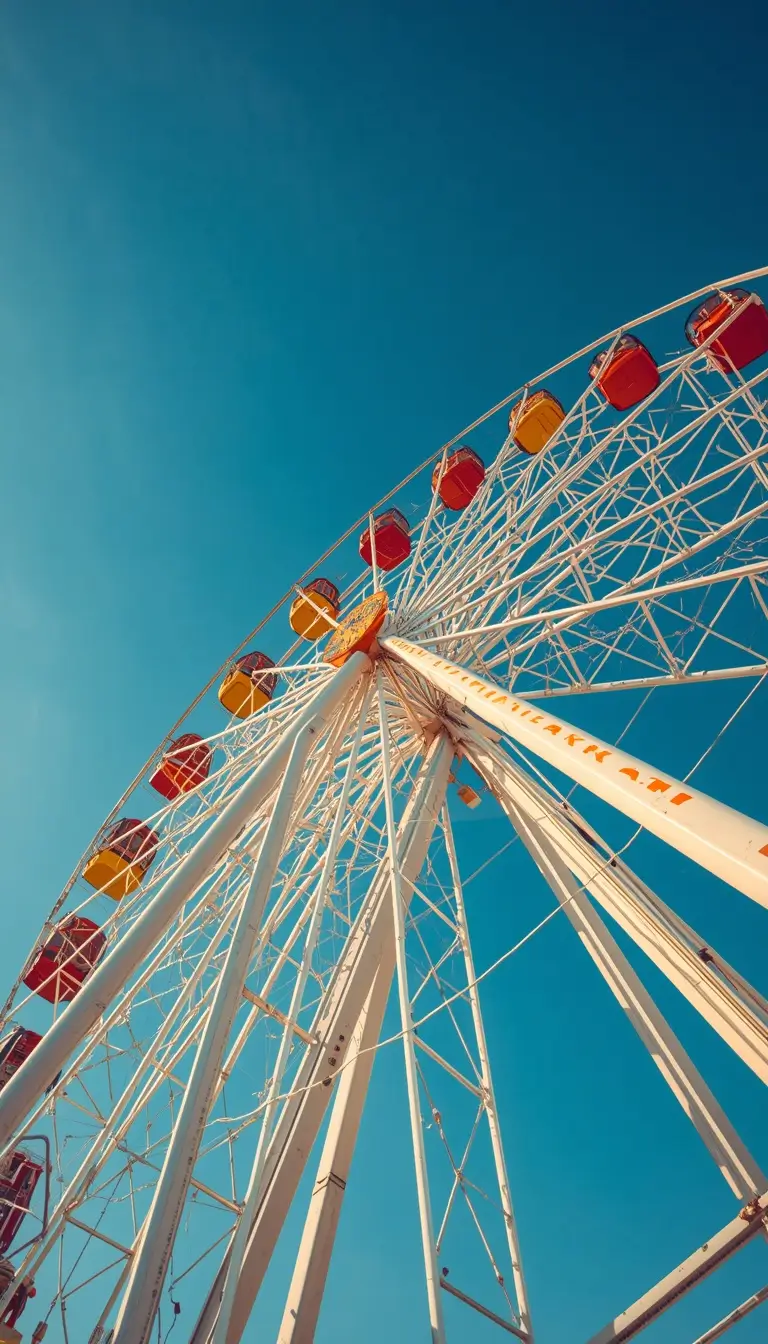 Colorful ferris wheel under a bright blue sky, aesthetic summer iPhone wallpaper with sunny carnival vibes