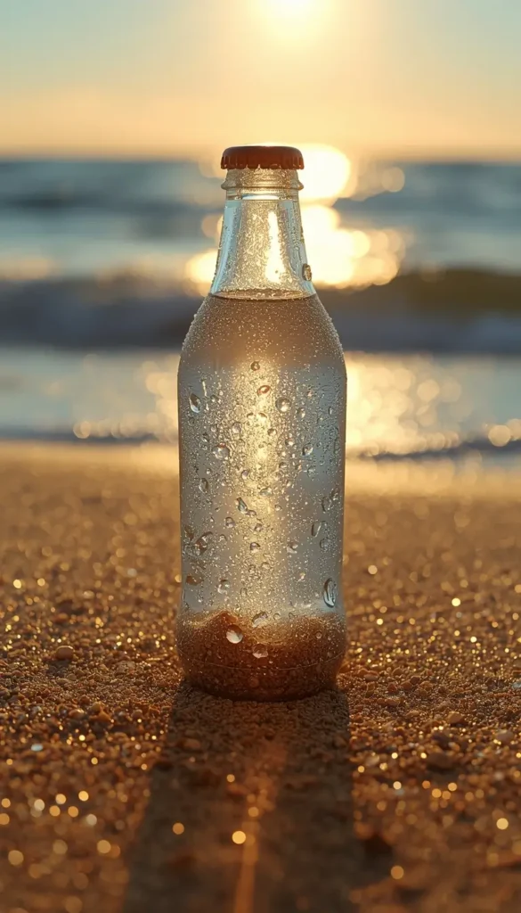 Glass bottle on sandy beach at sunset with water droplets aesthetic summer iphone wallpaper