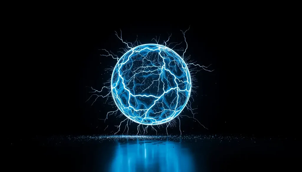 Glowing electric sphere with lightning effects amoled 3d wallpaper on dark background with blue energy and deep black contrast for OLED screens.