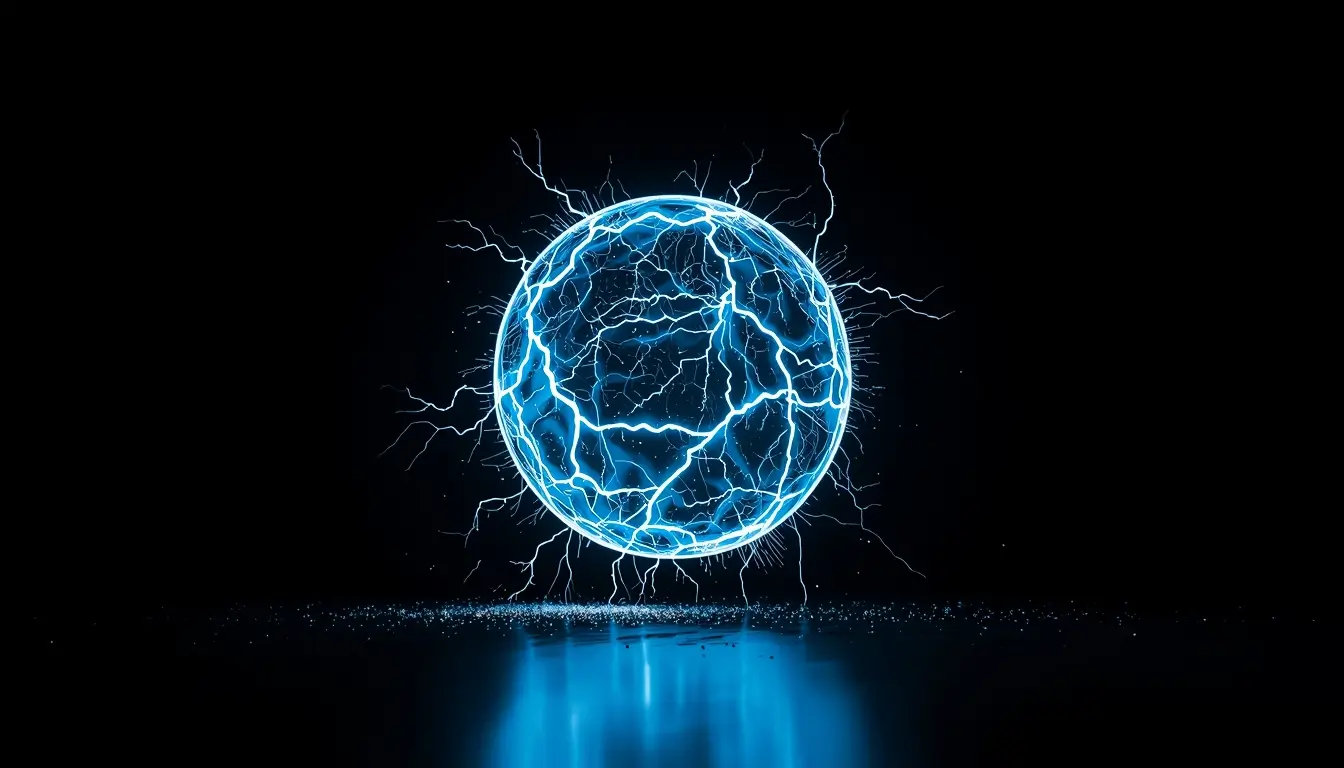 Glowing electric sphere with lightning effects amoled 3d wallpaper on dark background with blue energy and deep black contrast for OLED screens.