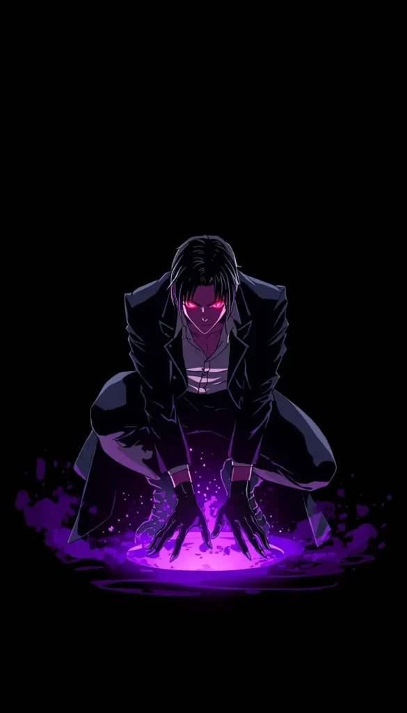 A dark anime character crouches with glowing purple energy under his hands on a black background in this amoled anime wallpaper 4k.