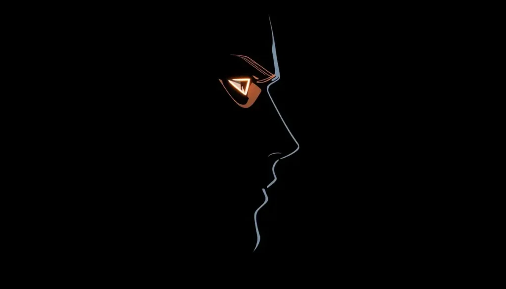 A minimal anime side profile with a glowing neon eye appears on a deep black background in this amoled anime wallpaper 4k.
