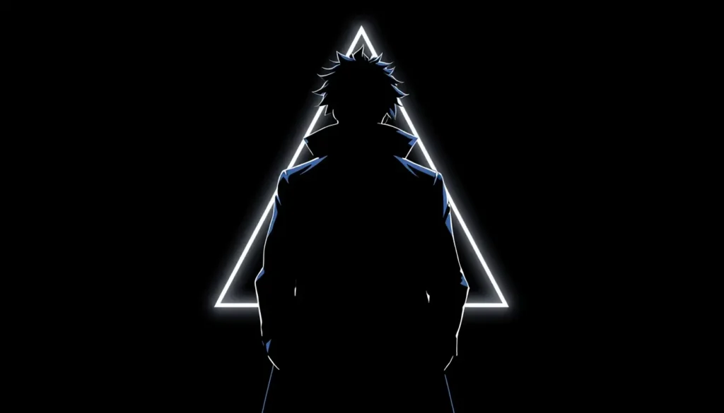 A silhouetted anime character stands in front of a glowing white neon triangle on a black background in this amoled anime wallpaper 4k.