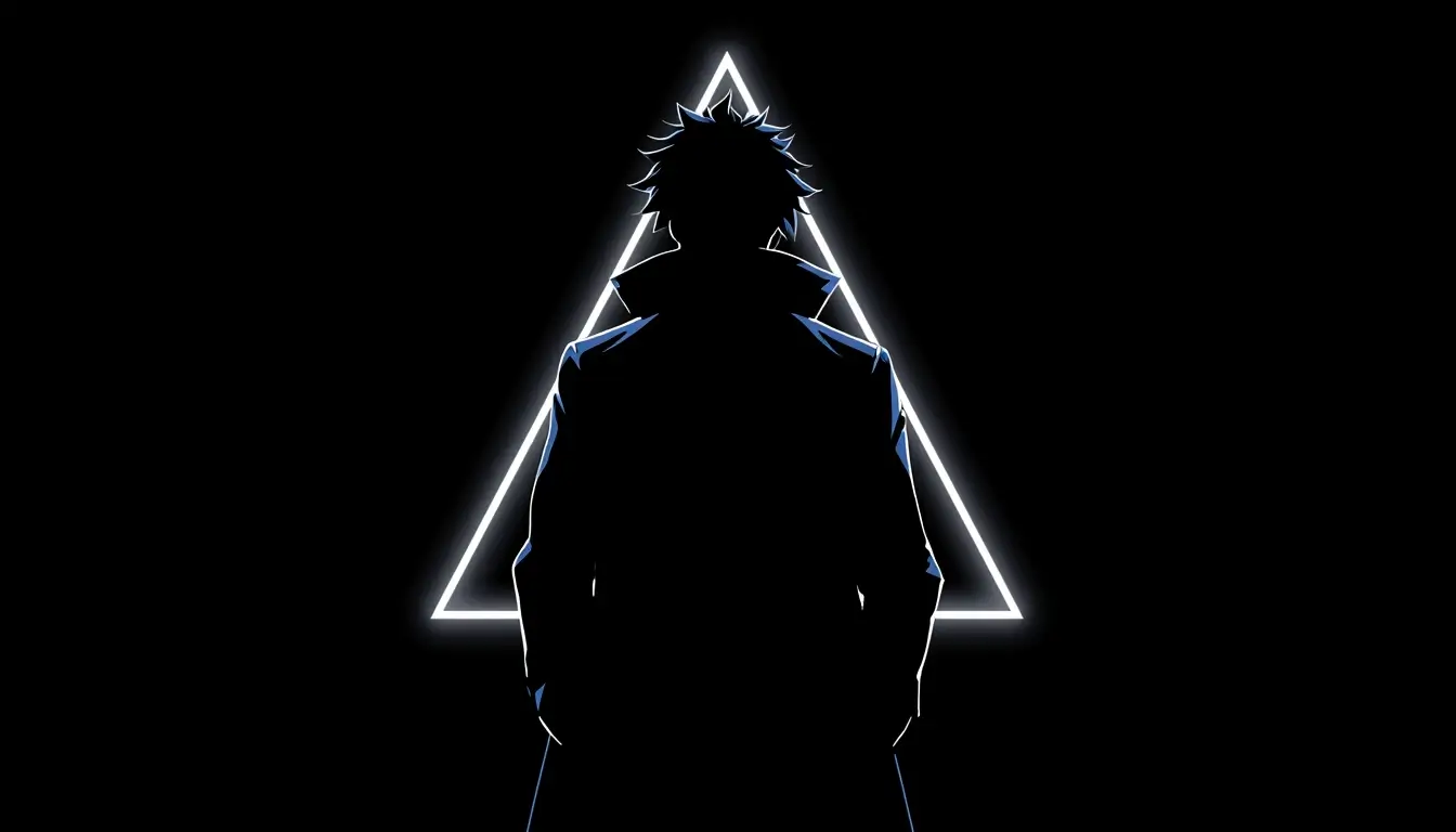 A silhouetted anime character stands in front of a glowing white neon triangle on a black background in this amoled anime wallpaper 4k.