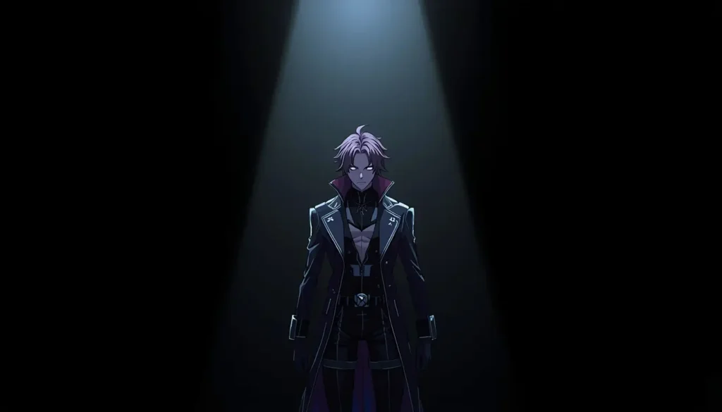 A mysterious anime character stands under a bright spotlight in darkness creating a cinematic scene in this amoled anime wallpaper 4k.