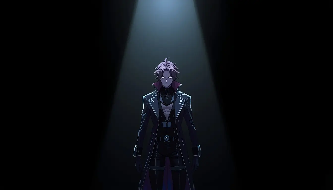 A mysterious anime character stands under a bright spotlight in darkness creating a cinematic scene in this amoled anime wallpaper 4k.