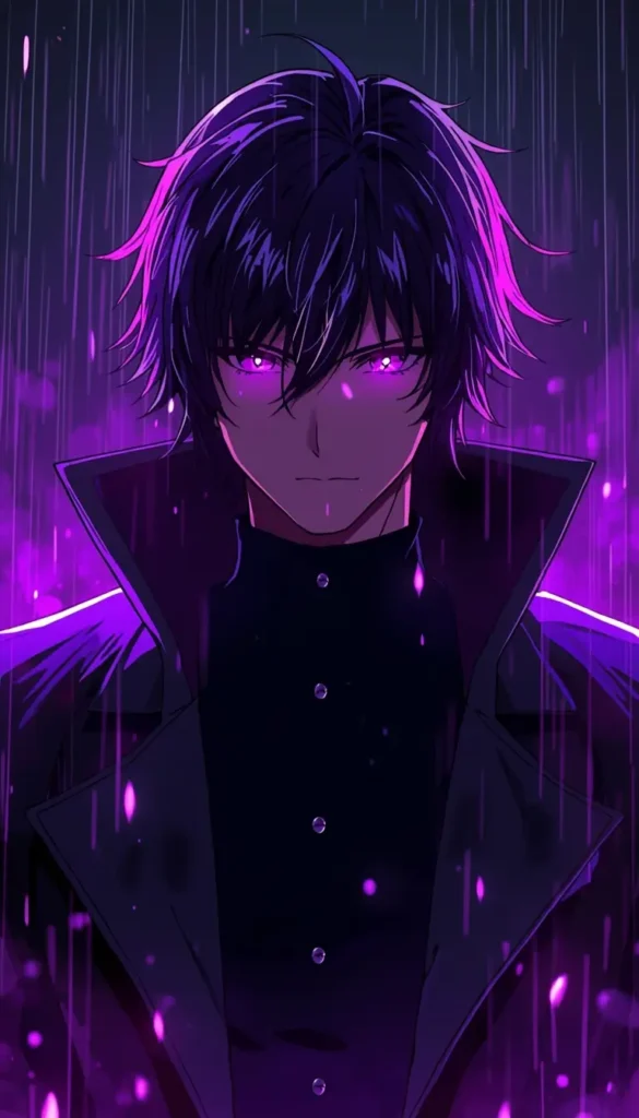 A focused anime character with glowing purple eyes stands in falling rain with neon violet lighting in this amoled anime wallpaper 4k.