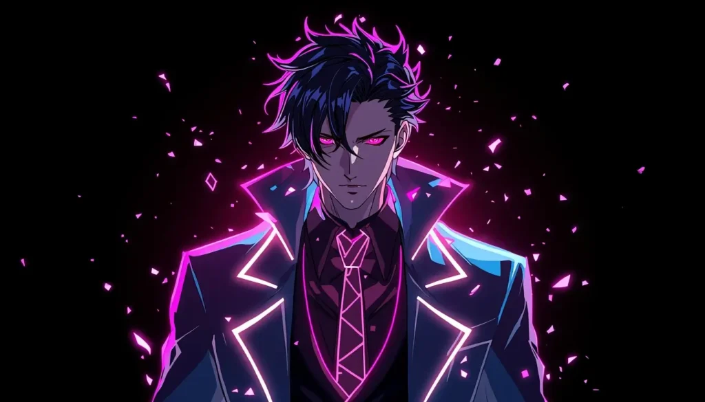 A stylish anime character with glowing pink neon lines and bright eyes stands against a dark background in this amoled anime wallpaper 4k.