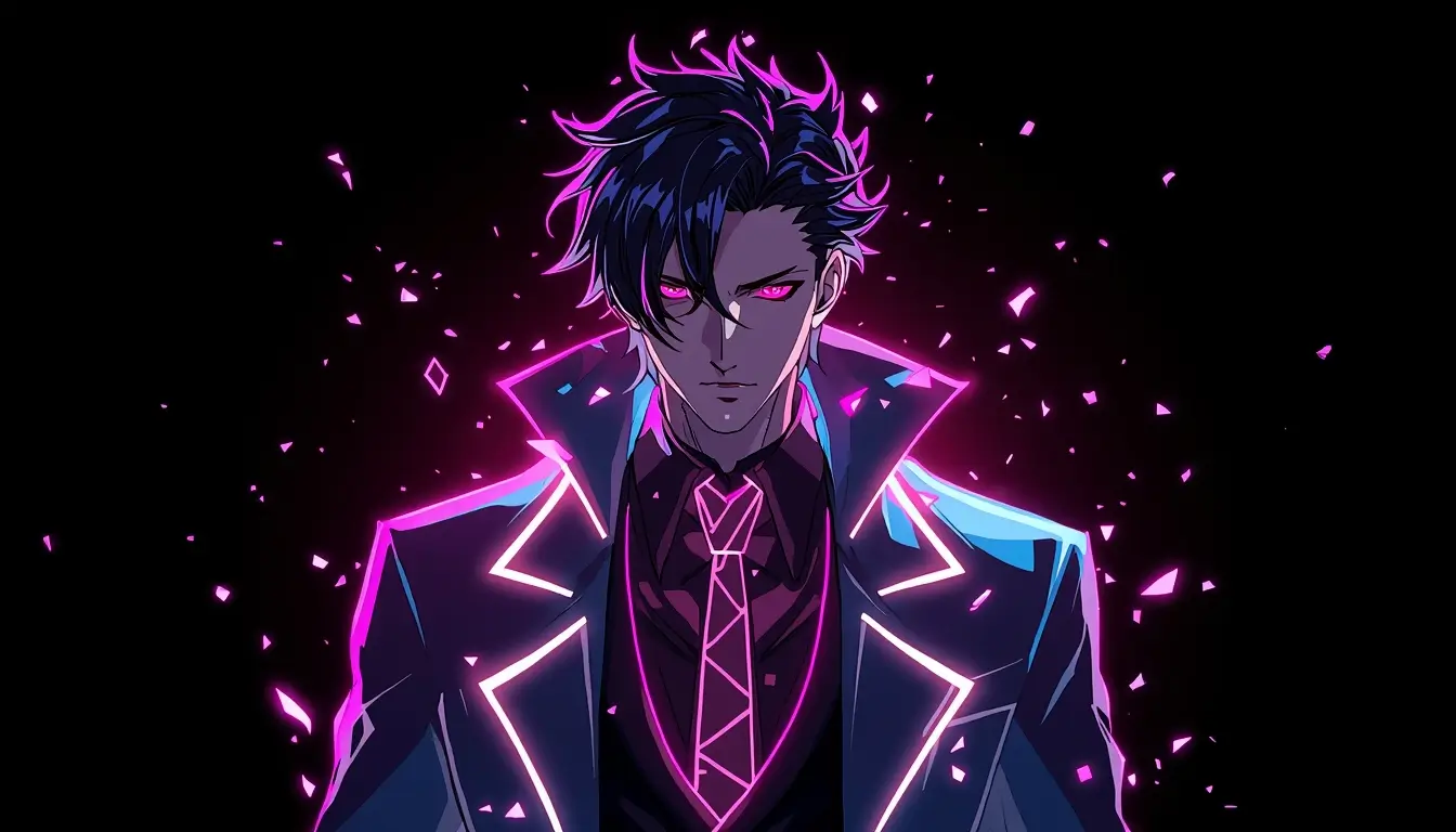 A stylish anime character with glowing pink neon lines and bright eyes stands against a dark background in this amoled anime wallpaper 4k.
