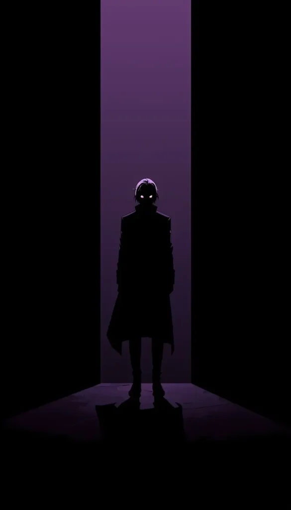 A mysterious anime character stands inside a glowing purple doorway with deep shadows in this amoled anime wallpaper 4k.