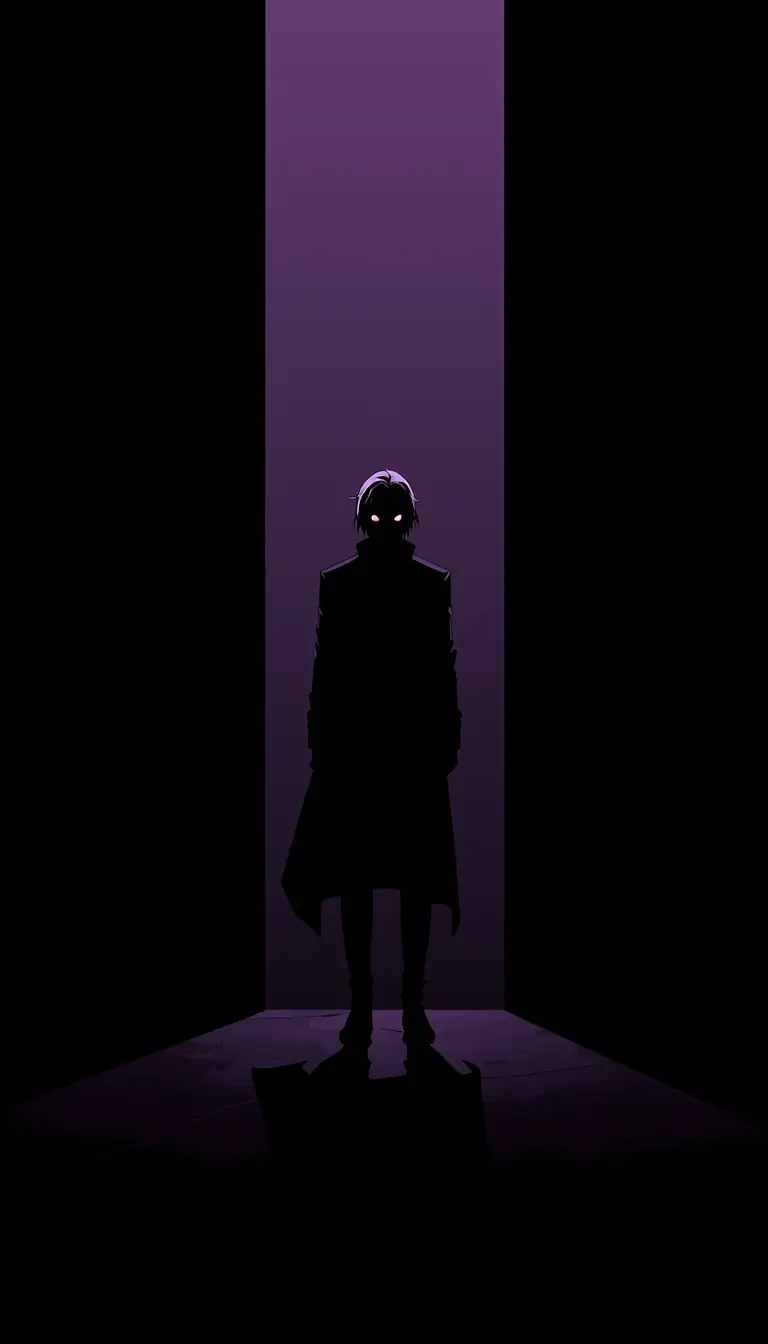 A mysterious anime character stands inside a glowing purple doorway with deep shadows in this amoled anime wallpaper 4k.