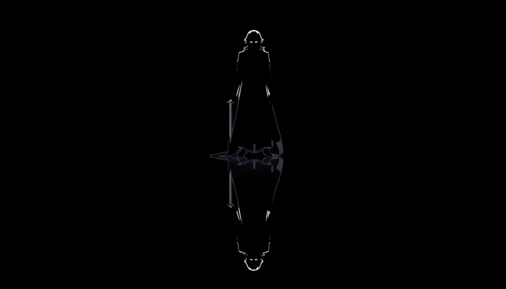 A mysterious anime character stands with a clear reflection on a glossy black surface in this minimal amoled anime wallpaper 4k.