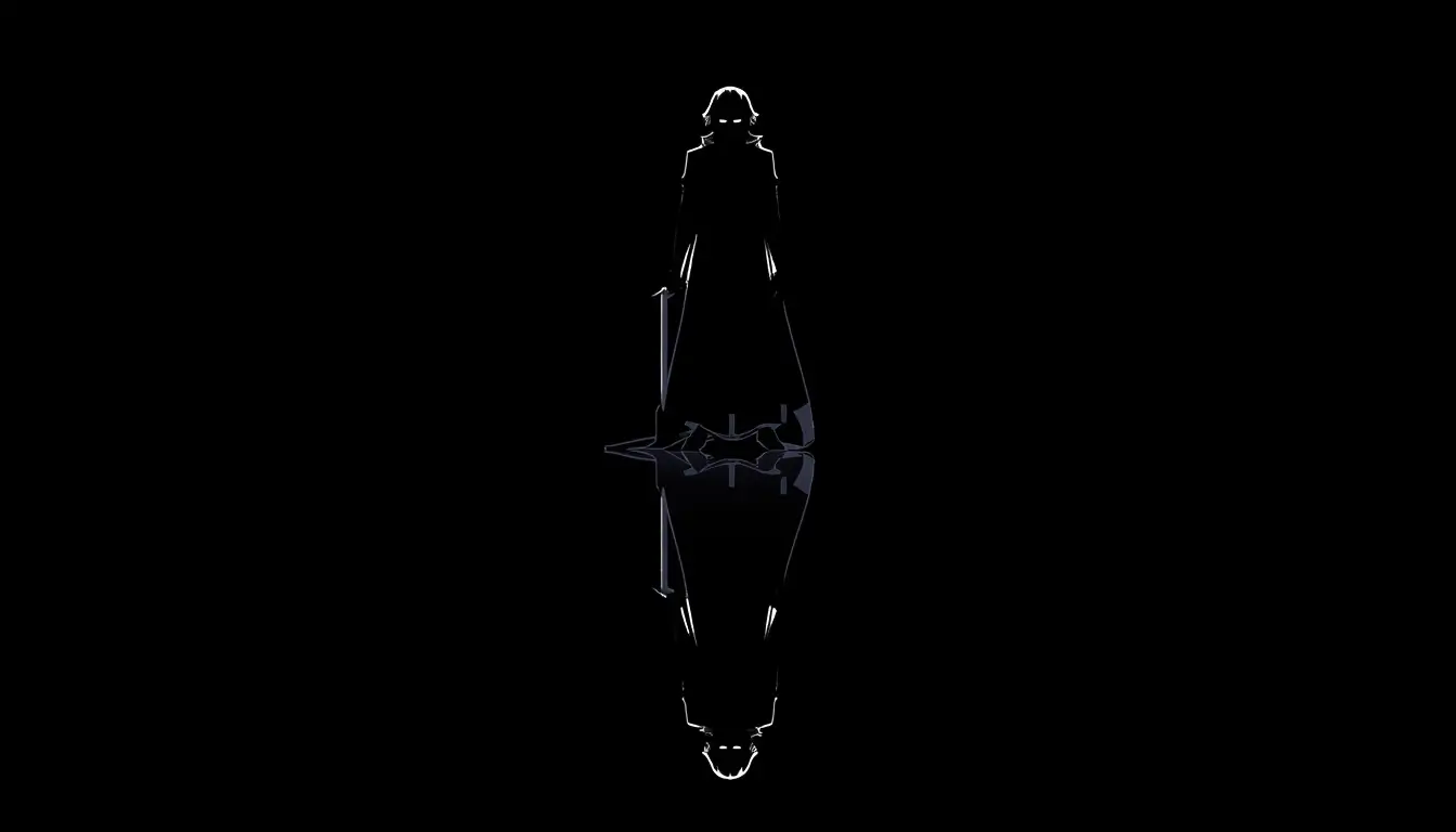 A mysterious anime character stands with a clear reflection on a glossy black surface in this minimal amoled anime wallpaper 4k.