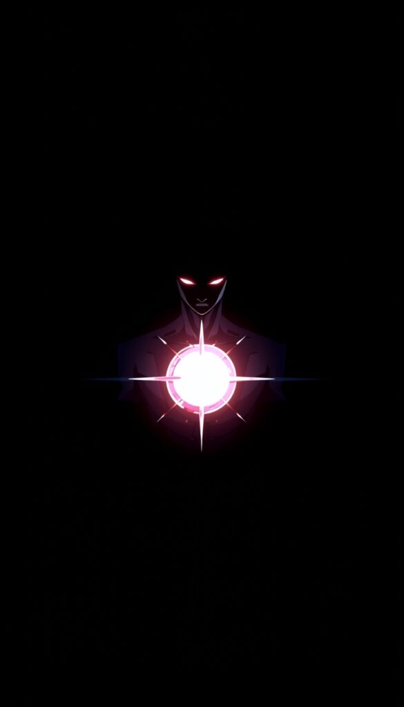 amoled-gambit-wallpaper-4k-for-pc minimal anime style Gambit inspired character with glowing energy core and red eyes on dark black background.