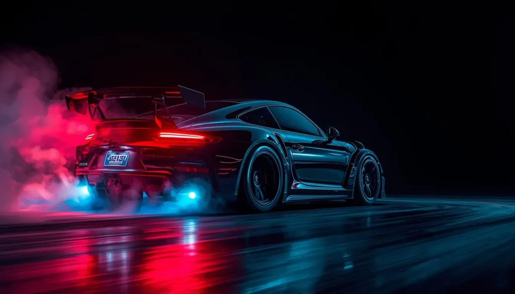 Neon sports car drifting at night with red and blue lights amoled wallpaper 4k on dark road with reflections for OLED screens.