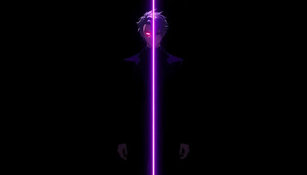 A mysterious anime character stands in darkness with a glowing purple neon line dividing the face in this amoled wallpaper 4k.