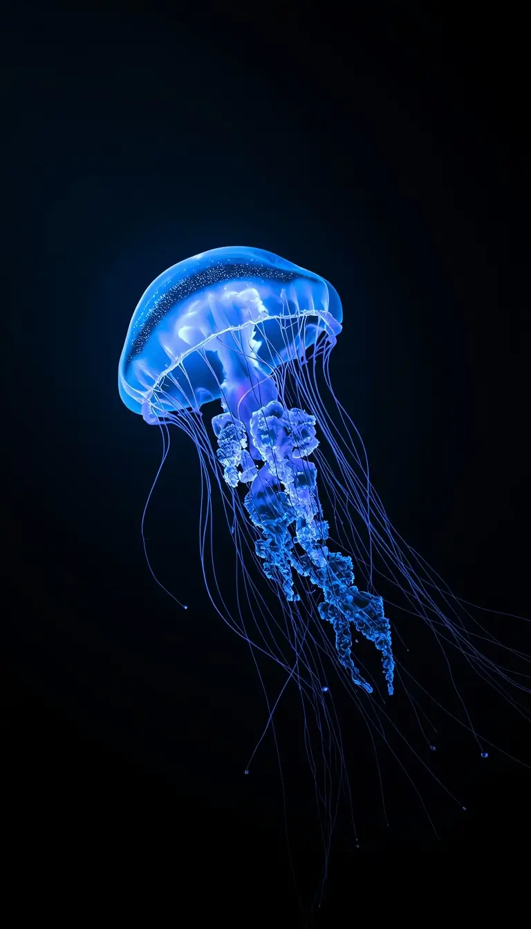 Glowing blue jellyfish in dark ocean background amoled wallpaper 4k with soft light and deep black contrast for OLED screens.