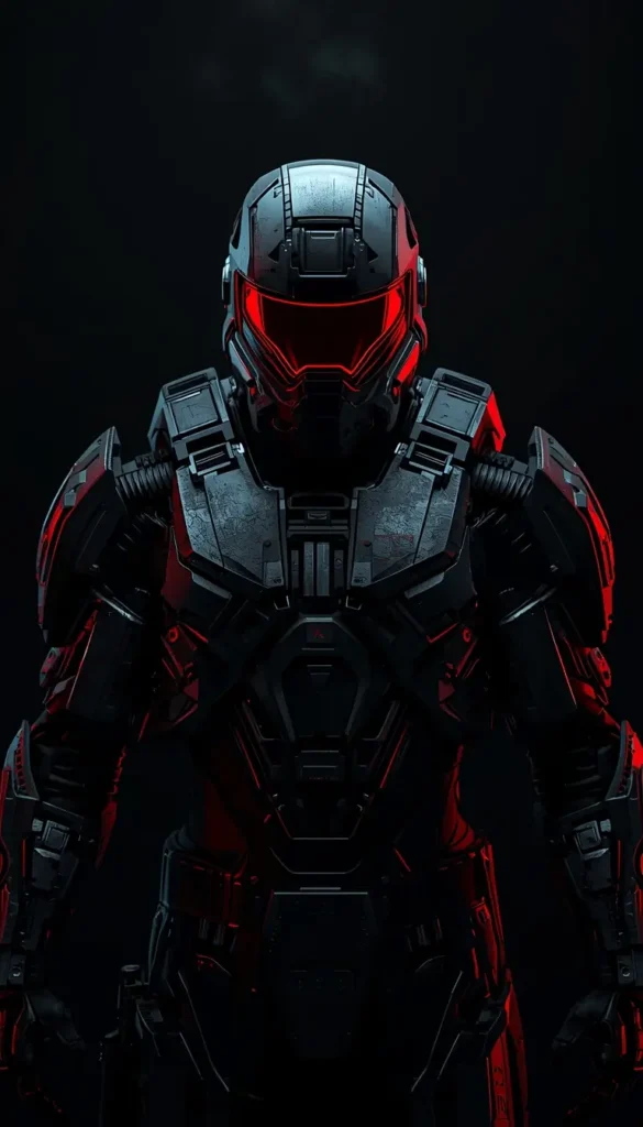 Futuristic armored soldier with red glowing visor amoled wallpaper black on dark background with deep contrast for OLED screens.
