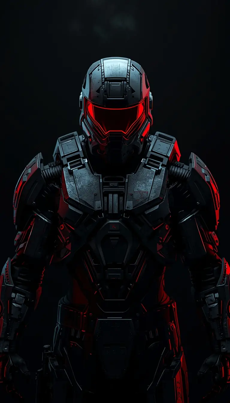 Futuristic armored soldier with red glowing visor amoled wallpaper black on dark background with deep contrast for OLED screens.