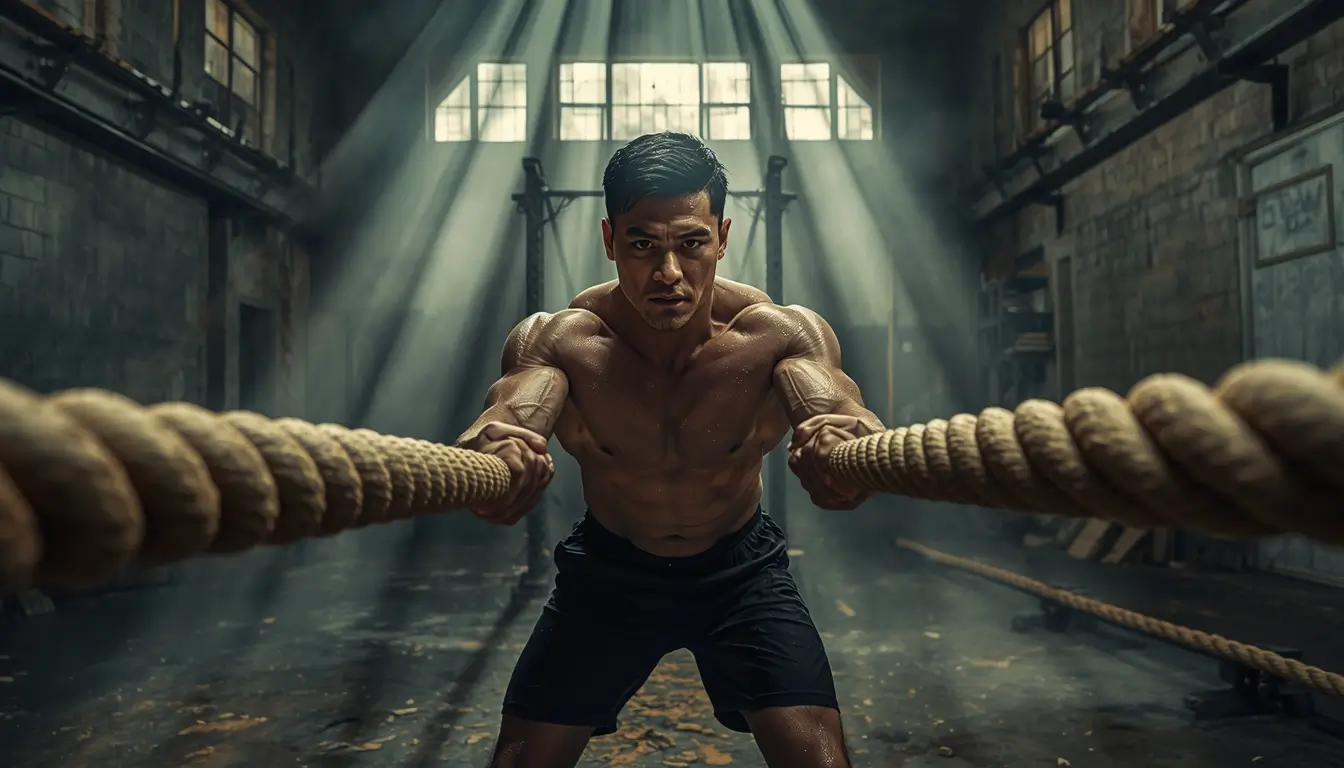 Battle rope workout wallpaper featuring muscular athlete training intensely in cinematic gym setting