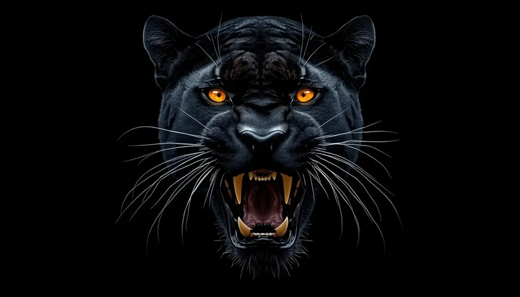 Roaring black panther face with glowing eyes black amoled wallpaper on dark background with deep contrast for OLED screens.