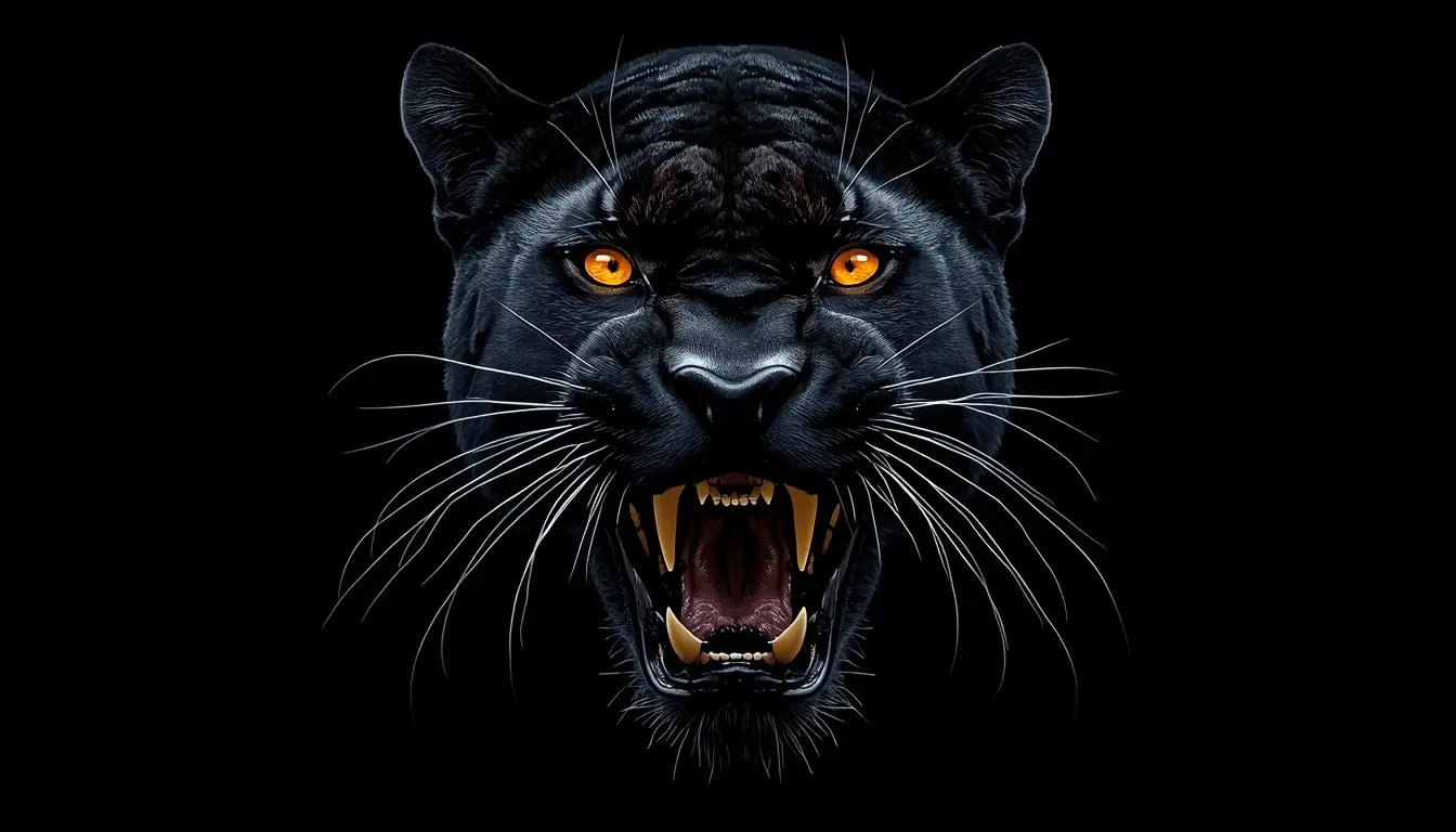 Roaring black panther face with glowing eyes black amoled wallpaper on dark background with deep contrast for OLED screens.