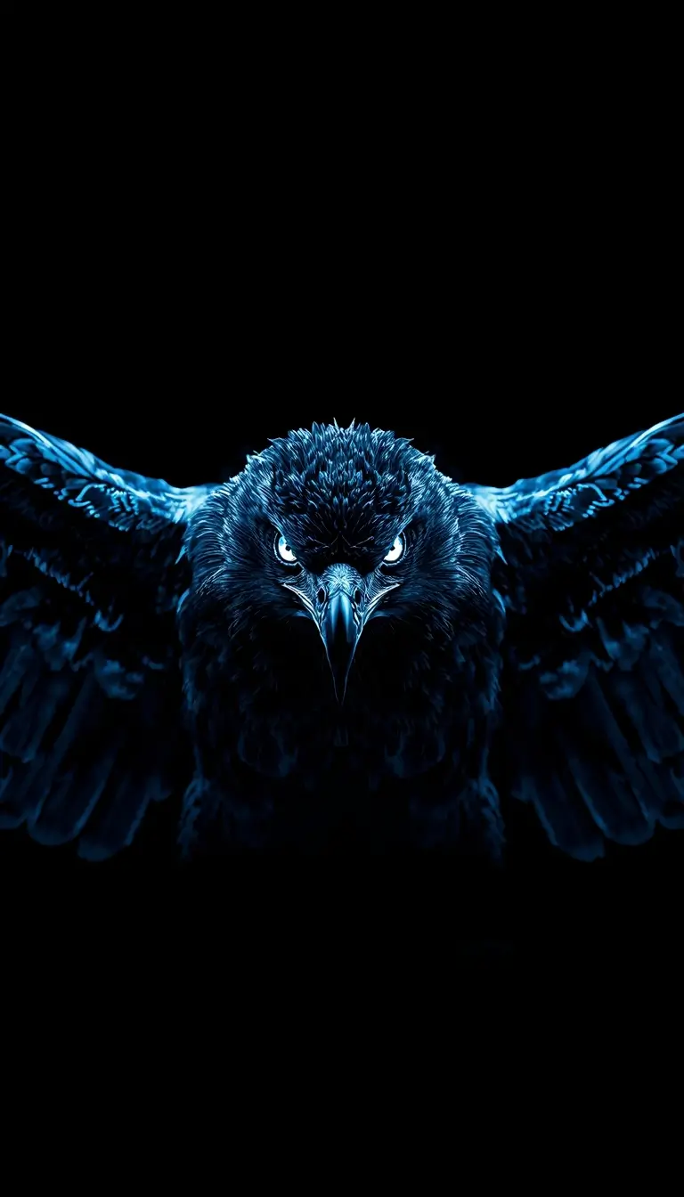 Black eagle with wings spread in dark background black amoled wallpaper with glowing blue tones and deep black contrast for OLED screens.