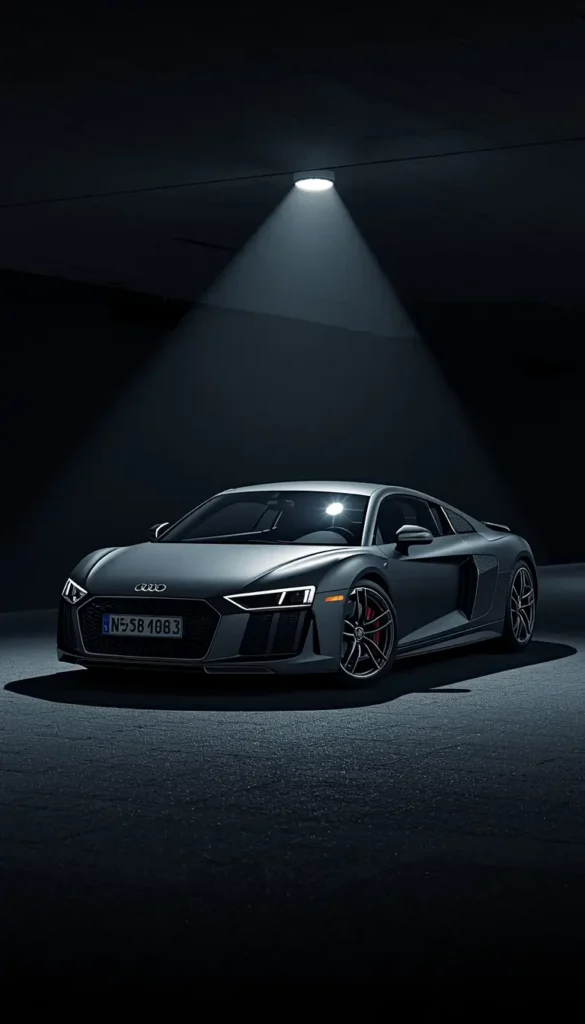 A matte grey sports car parked under a single spotlight in a dark environment highlighting its sleek design - black-car-wallpaper-4k