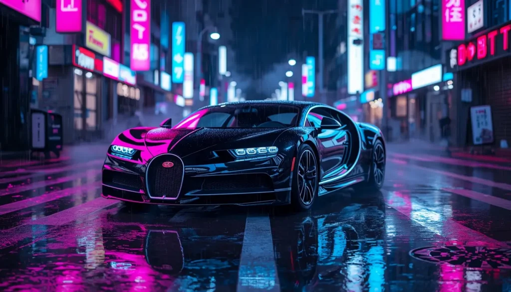 A black sports car parked on a neon lit city street at night with colorful reflections on the wet road - black-car-wallpaper-4k