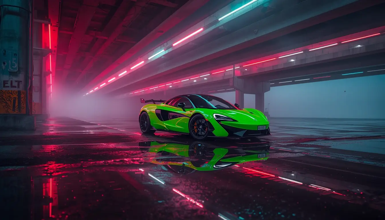 A neon green sports car parked under colorful lights with reflections on wet ground in a dark urban setting - black-car-wallpaper-4k