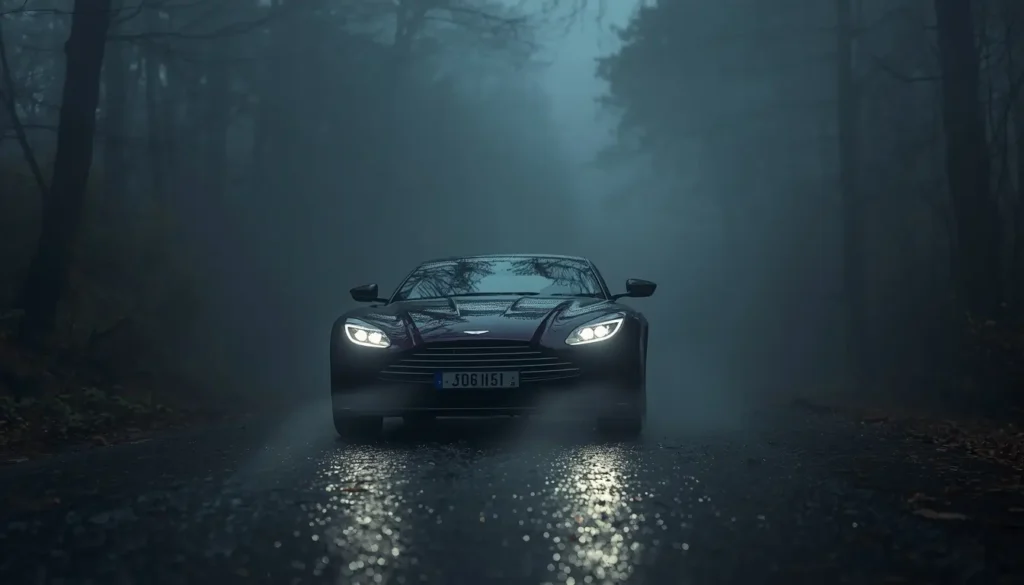 A dark sports car with headlights on driving through a foggy forest road creating a moody cinematic scene - black-car-wallpaper-4k