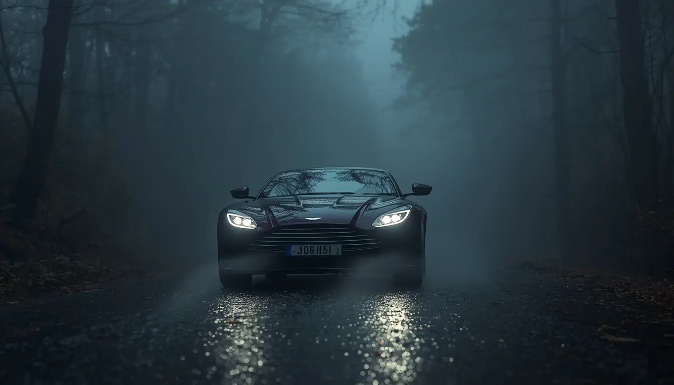 A dark sports car with headlights on driving through a foggy forest road creating a moody cinematic scene - black-car-wallpaper-4k