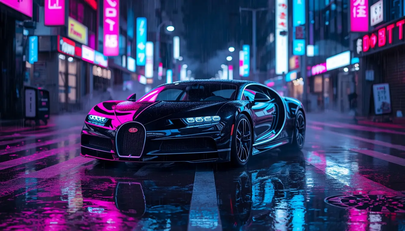 A black sports car parked on a neon lit city street at night with colorful reflections on the wet road - black-car-wallpaper-4k