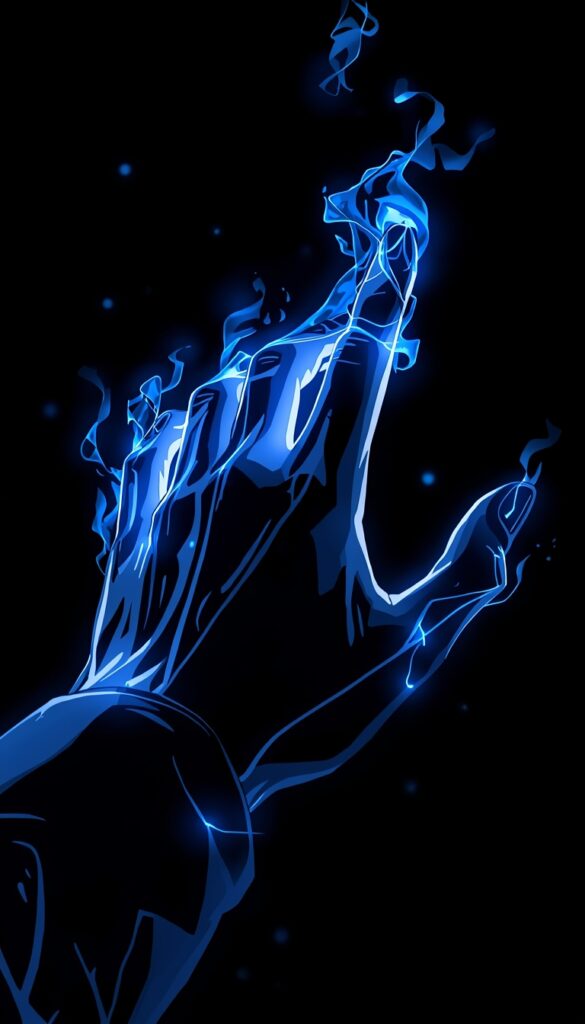 blue-amoled-gambit-wallpaper-4k-for-pc anime style close up of hand with glowing blue flames and energy on dark black background creating minimal cinematic effect.