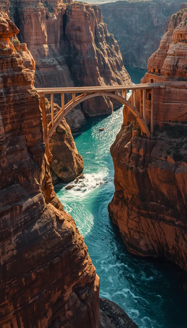 Bridge crossing a rocky canyon above bright blue river water, blue summer wallpaper iPhone aesthetic scene