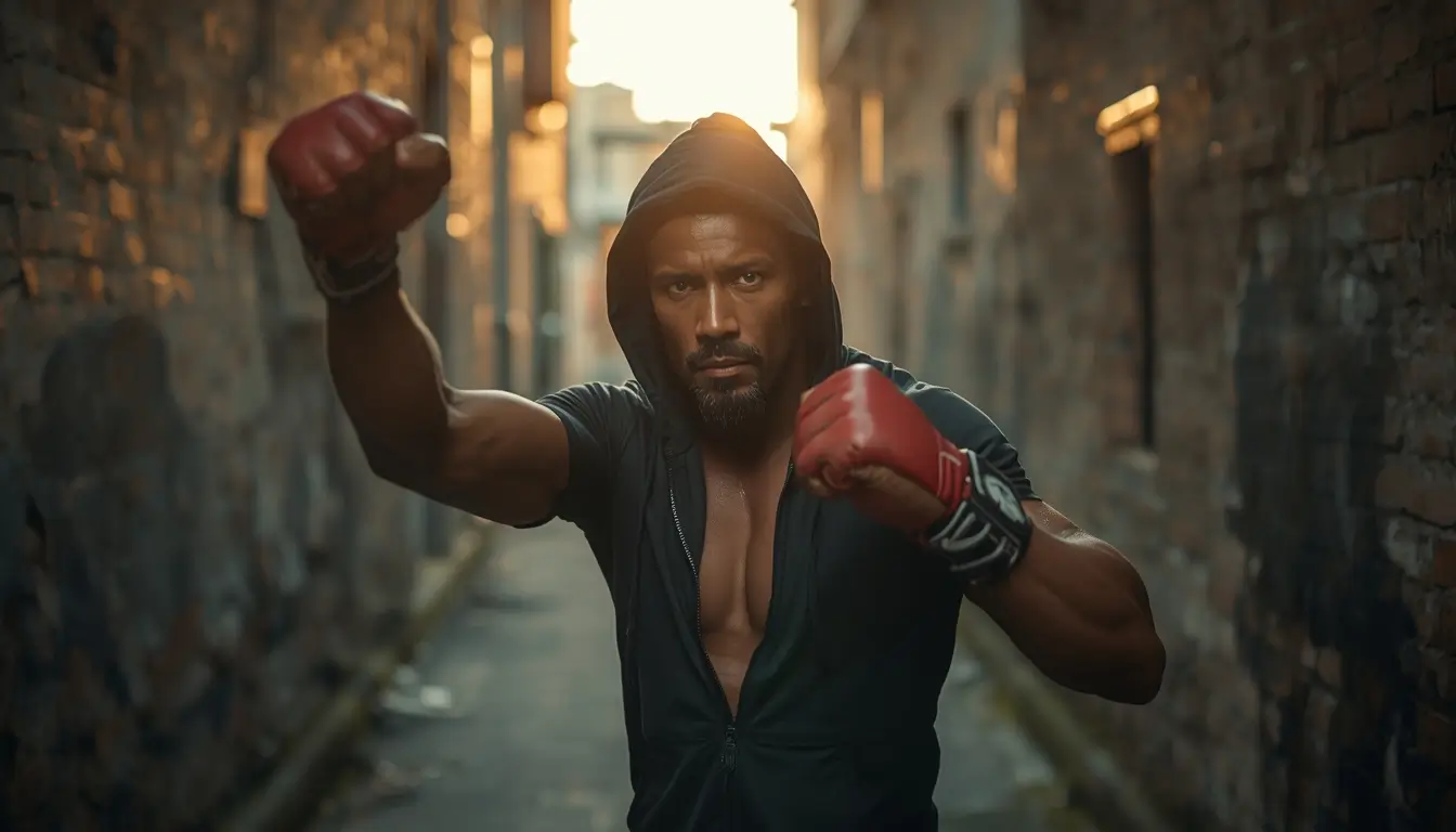 Boxing workout wallpaper featuring athlete shadowboxing in cinematic urban alley training scene