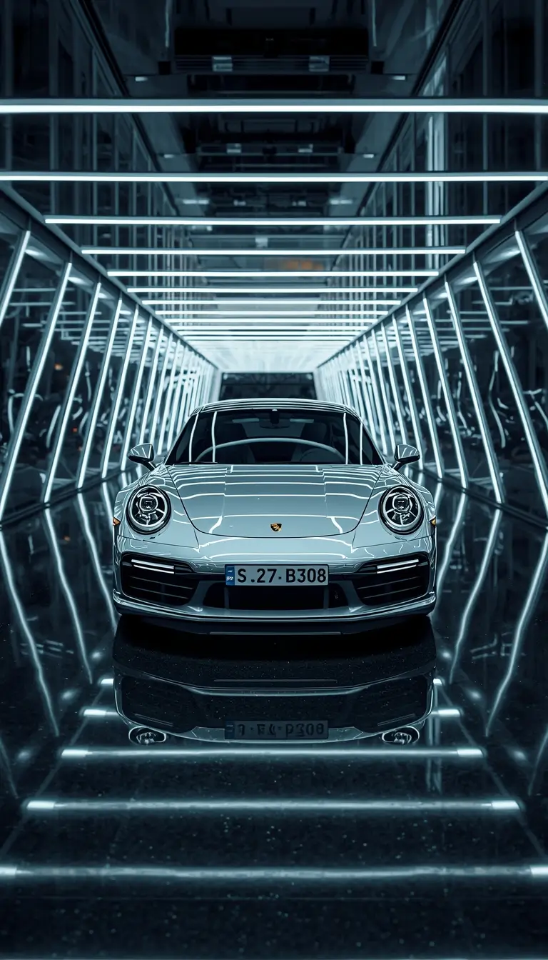 Silver sports car in neon tunnel with reflections on glossy floor - car-wallpaper-iphone