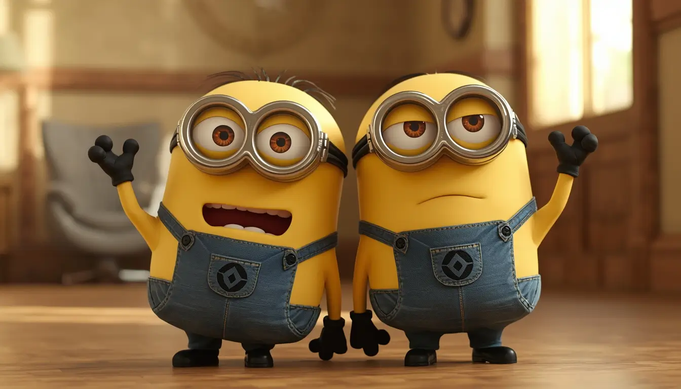 Two cute Minions standing indoors with funny expressions creating a cheerful cute minions wallpaper for desktop background.