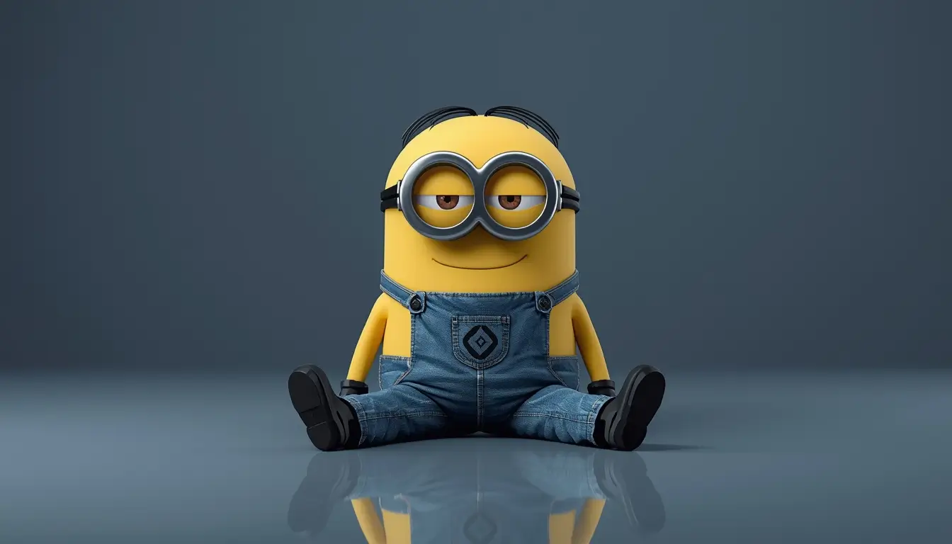 Cute Minion sitting on a minimal background with a smile creating a clean and aesthetic cute minions wallpaper for desktop screens.