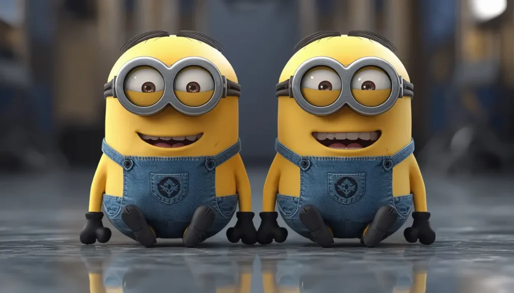 Two cute Minions sitting side by side smiling creating a cheerful cute minions wallpaper for desktop background.