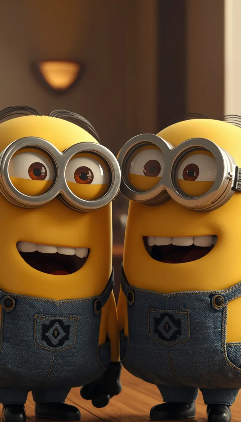 Close up of two smiling Minions indoors creating a cheerful and warm cute minions wallpaper for desktop background.