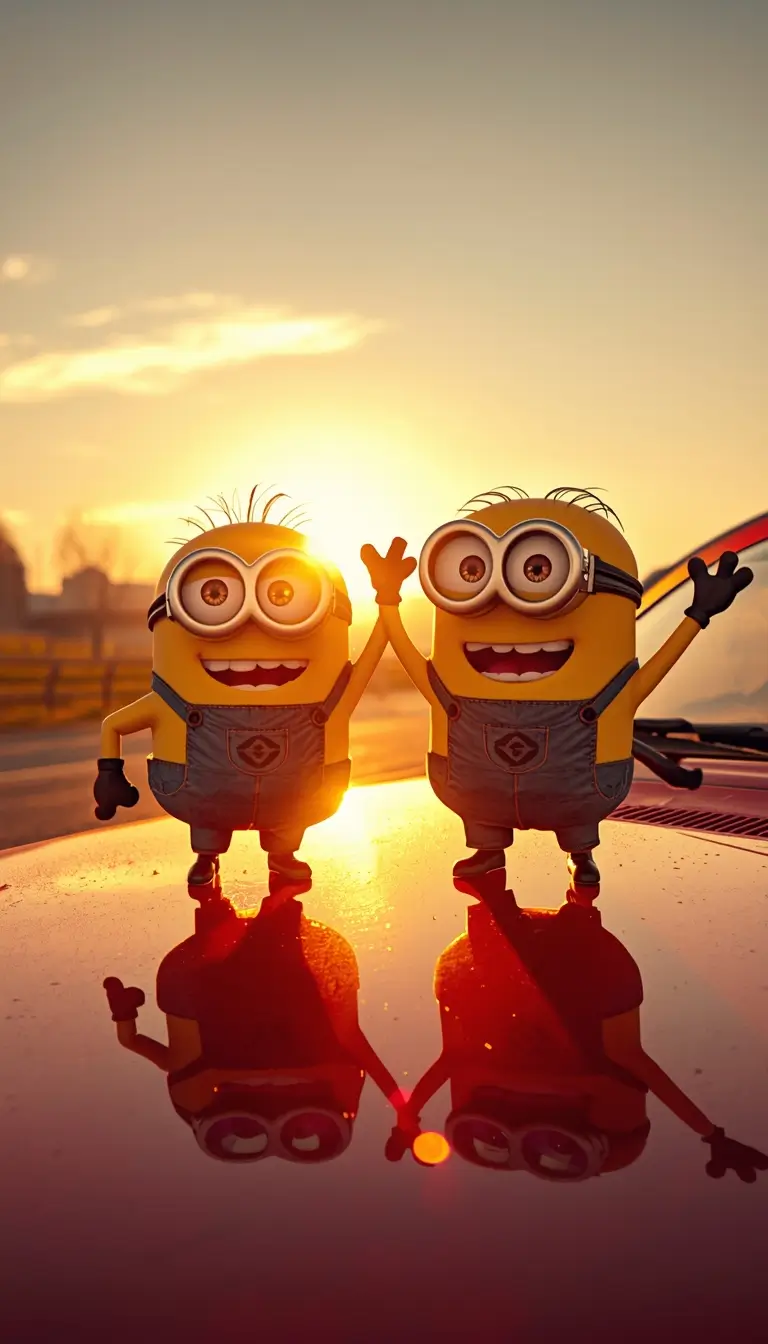 Two cute Minions giving a high five on a car hood at sunset creating a bright and cheerful cute minions wallpaper for desktop background.