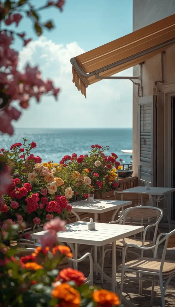 Seaside café terrace with colorful flowers and ocean view, cute summer wallpaper iPhone aesthetic background