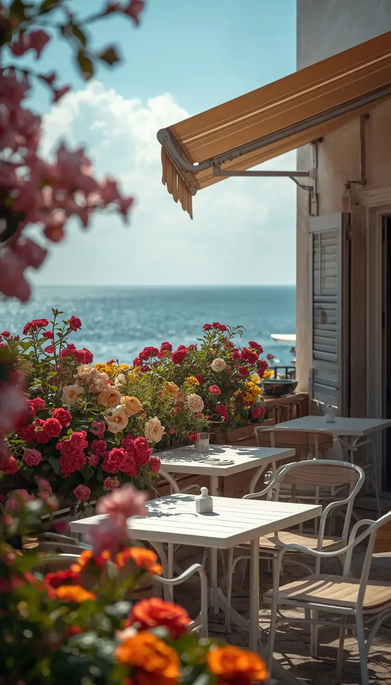 Seaside café terrace with colorful flowers and ocean view, cute summer wallpaper iPhone aesthetic background