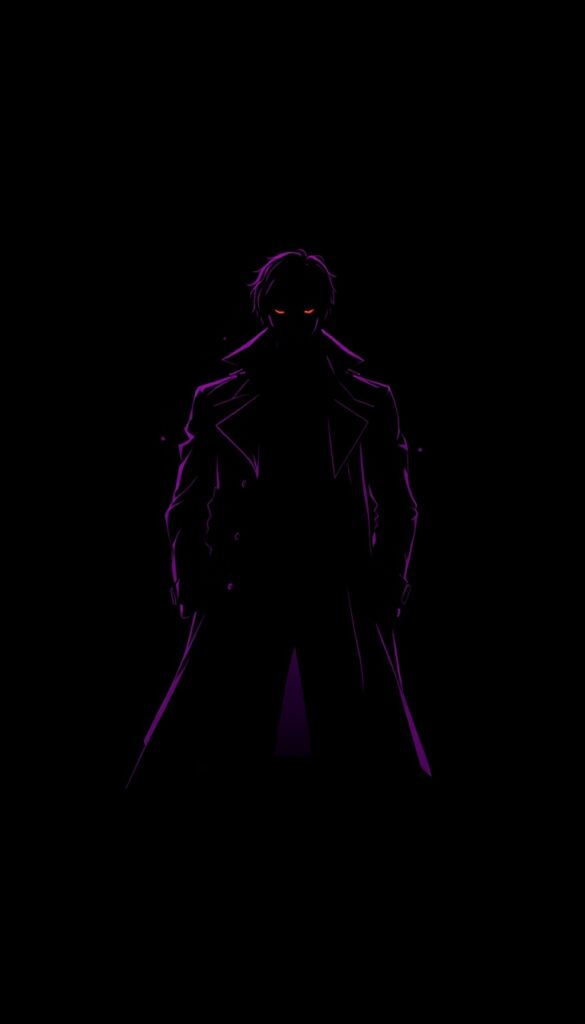 dark-amoled-gambit-silhouette-wallpaper-4k-for-pc anime style Gambit silhouette with purple outline and glowing red eyes on black background creating minimal cinematic wallpaper.