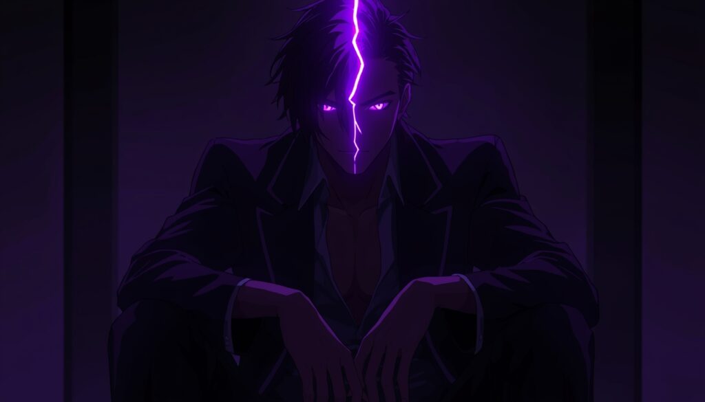 dark-amoled-gambit-wallpaper-4k-for-pc anime style Gambit sitting in darkness with glowing purple energy line across face and intense eyes creating cinematic mood.