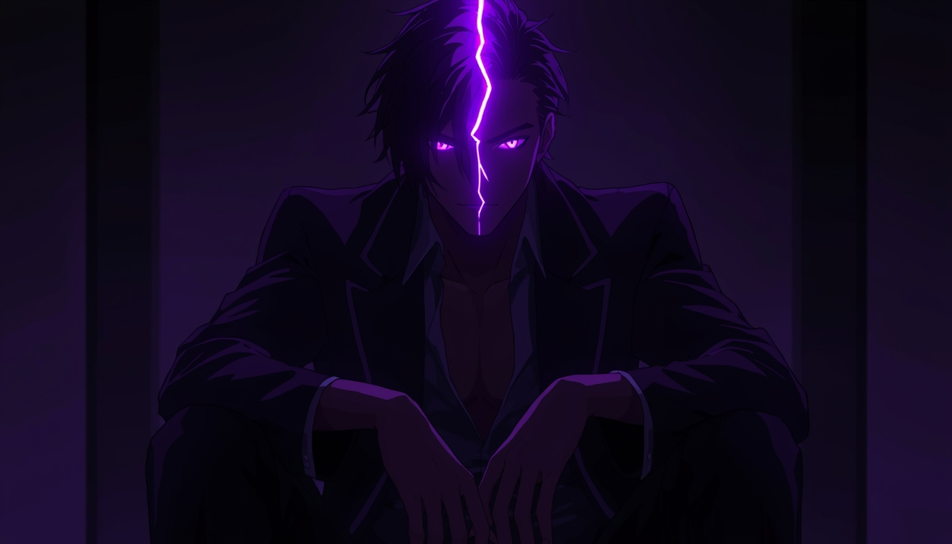 dark-amoled-gambit-wallpaper-4k-for-pc anime style Gambit sitting in darkness with glowing purple energy line across face and intense eyes creating cinematic mood.