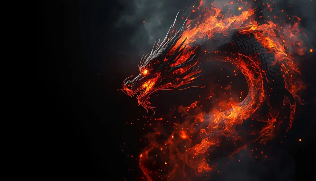 Fiery black dragon with glowing flames dark amoled wallpaper on black background with intense orange fire and deep contrast for OLED screens.