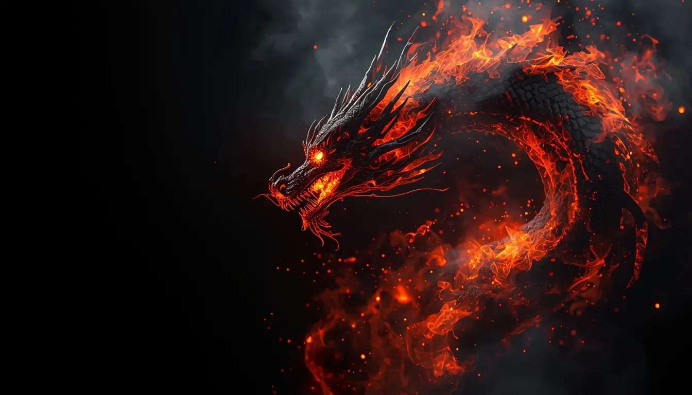 Fiery black dragon with glowing flames dark amoled wallpaper on black background with intense orange fire and deep contrast for OLED screens.