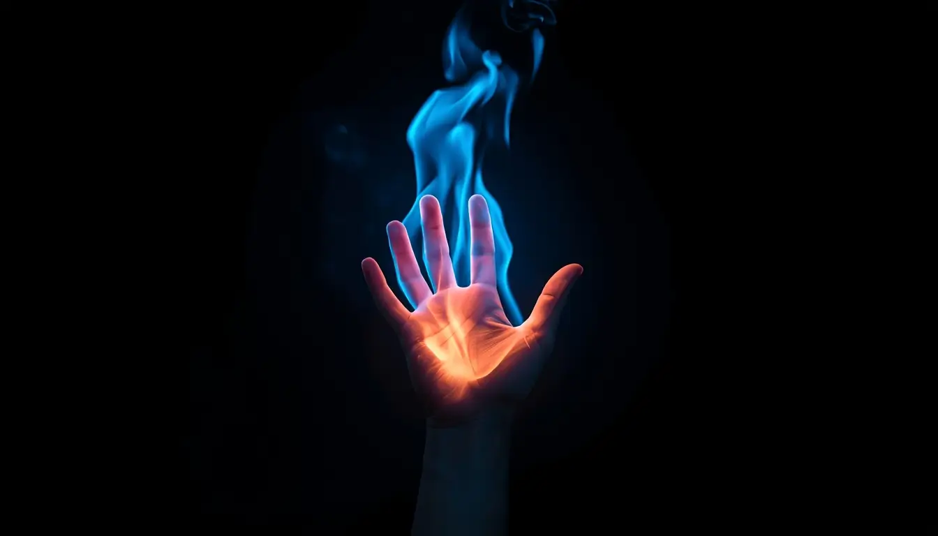 Glowing hand with blue flame in dark background dark amoled wallpaper with deep black tones and vibrant light for OLED screens.